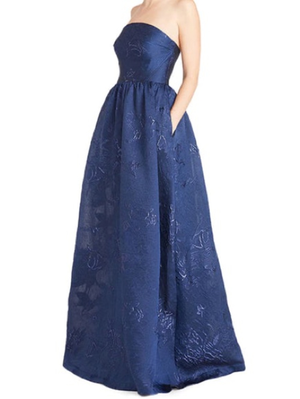 ML Monique Lhuillier Strapless Navy Floral Jacquard Evening Gown